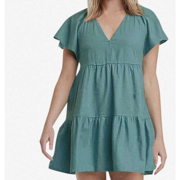NWT Universal Thread Dress Women's XXL Green Flutter Sleeve Tiered Linen Blend - Picture 1 of 5